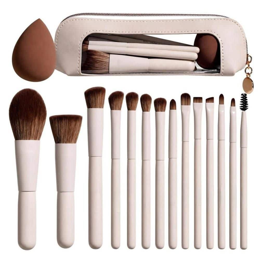 Makeup Brush Set, Soft Synthetic Travel Brushes with Portable Leather Case for Makeup Beginners, Beige (14-Pack)