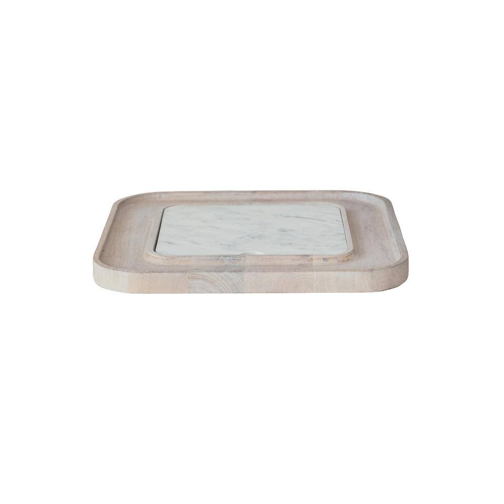 13.5" White Marble and Mango Wood Square Cutting Board Set