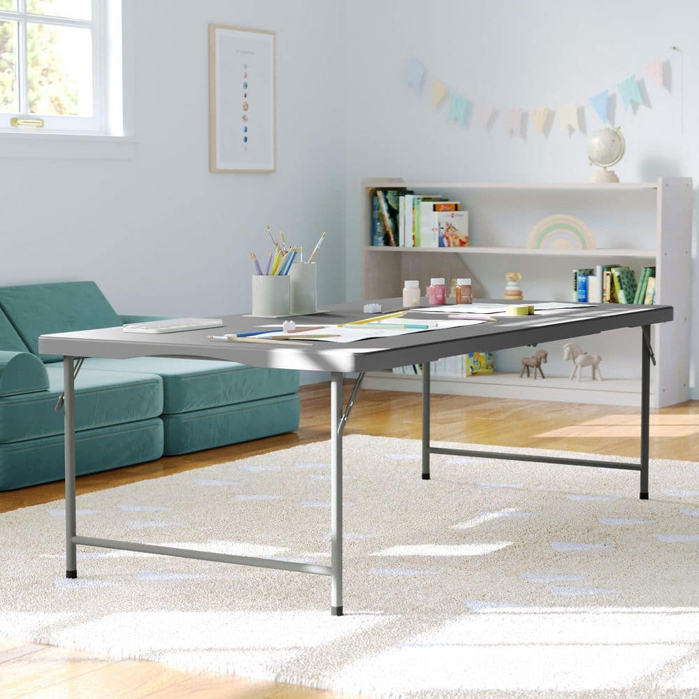 Paige 30x60 Granite Gray Bi-Fold Plastic Rectangle Kids Folding Table with Carrying Handle for 6