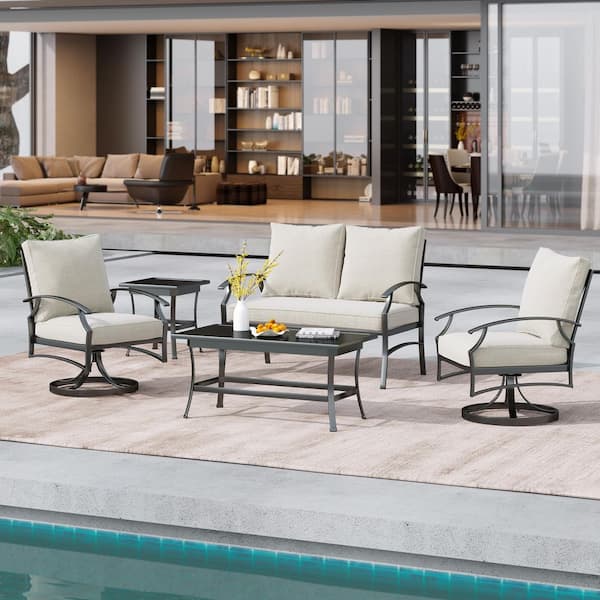 5-Piece Black Metal Frame Outdoor Patio Furniture Set with Swivel Chairs, Beige Loveseat and Coffee Tables