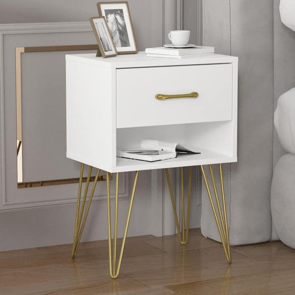 FUFU&GAGA 1-Drawer White Nightstands with Metal Legs and Open Shelf Side Table Bed Side Table 23.6 in. H x 15.7 in. W x 11.8 in. D