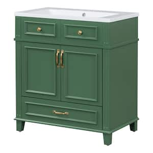 30 in. W Single Sink Freestanding Bath Vanity in Green with White Resin Top and Soft Closing Doors