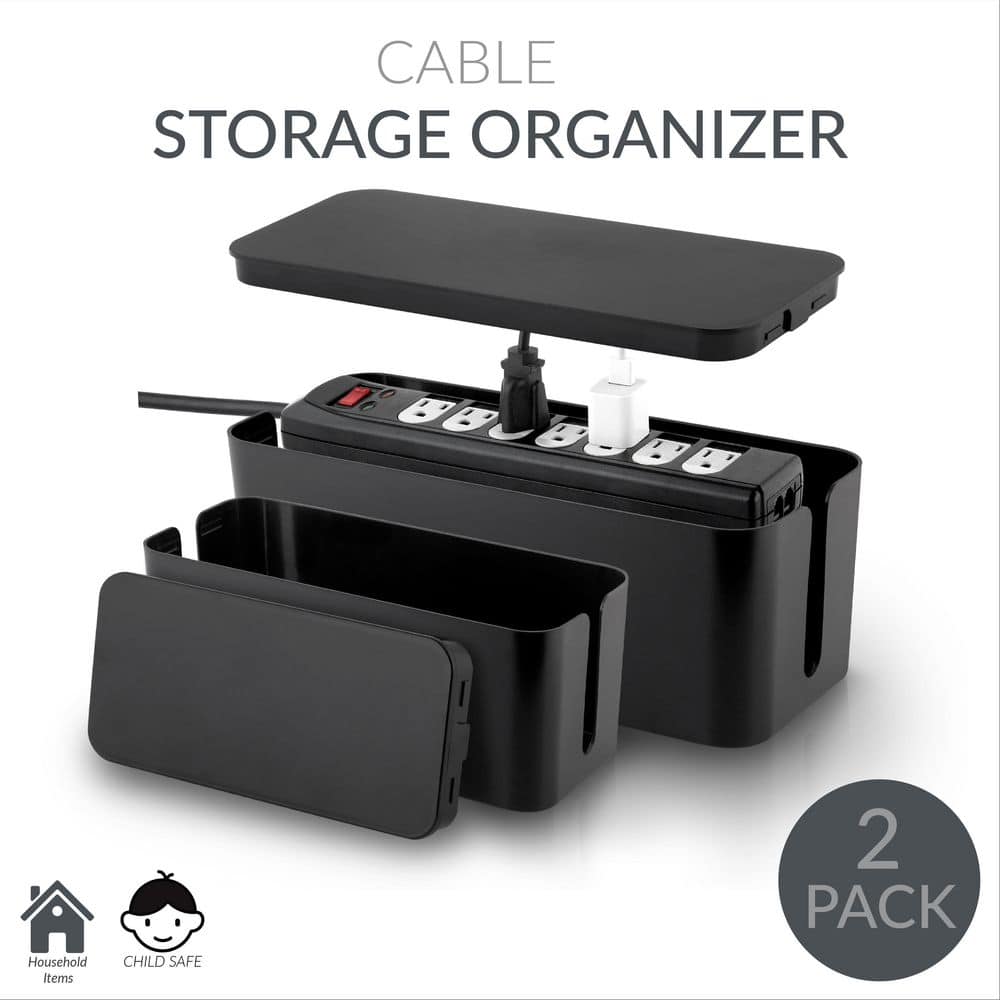 Black Rectangular Lidded Cable Organizer Storage Bin Set