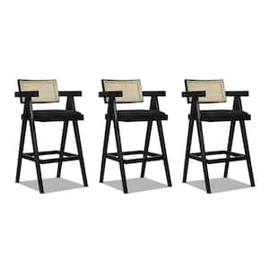 Milan 29.5 in. Ebony Black Boucle Modern Resin Webbing Back Bar Stool with Arms and Wood Frame Set of 3
