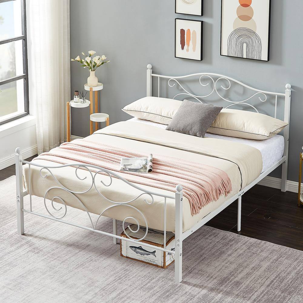 Elegant White Metal Full Size Platform Bed Frame with Headboard