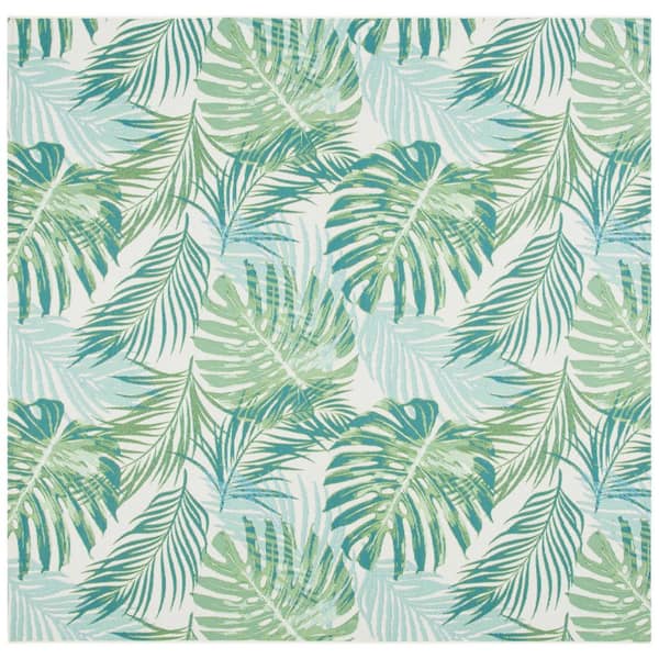 Barbados Green/Teal 7 ft. x 7 ft. Floral Indoor/Outdoor Patio  Square Area Rug