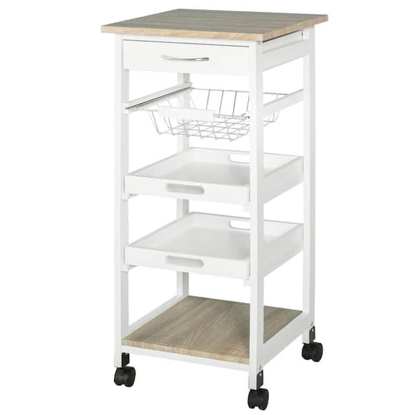 HOMCOM White/Oak Modern Kitchen Buffet Cart with 12-Bottle Wine Rack and Drawer
