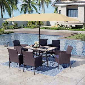 Black 8-Piece Metal Patio Outdoor Dining Set with Rectangle Table, Umbrella and Rattan Chairs with Blue Cushion