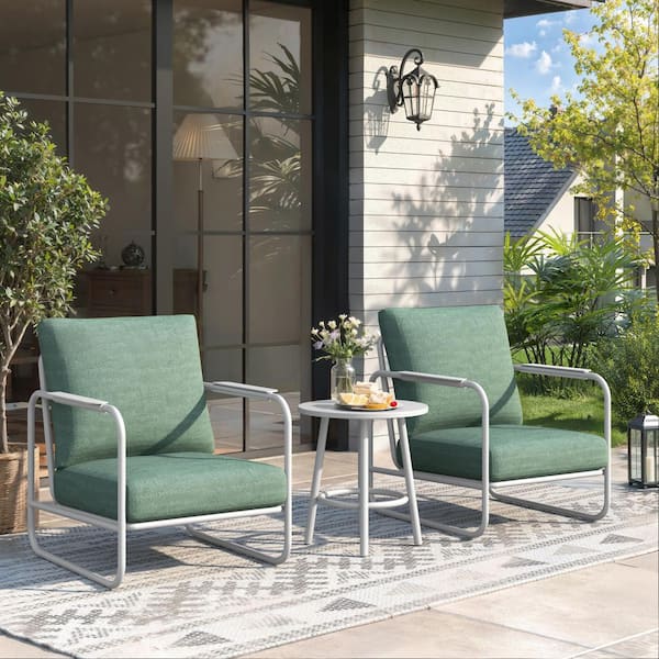 3 Piece Patio Outdoor Aluminum Chair with Coffee Table and 6" Thickened Cushions, White