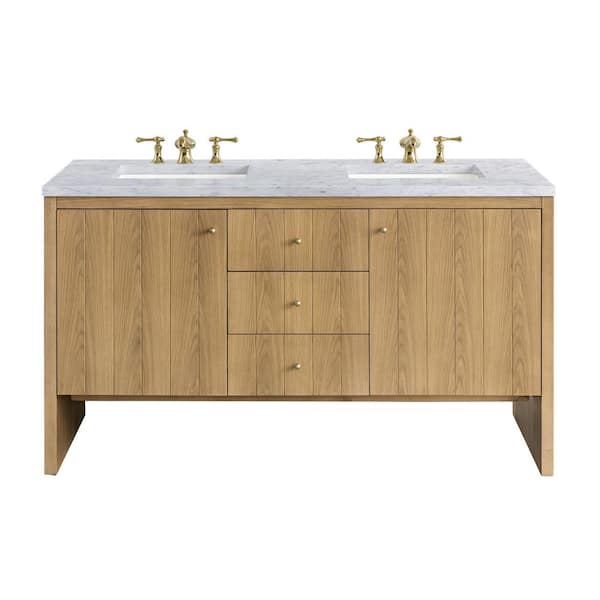 James Martin Vanities Hudson 60.0 in. W x 23.5 in. D x 34.2 in. H Bathroom Vanity in Light Oak with Carrara Marble Marble Top