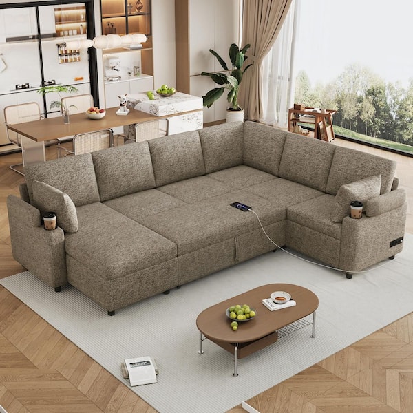 Dalton 109.9 in. Chenille Upholstered U-shaped Storage Sectional Sofa Bed in. Brown with Cup Holders & Charging Ports