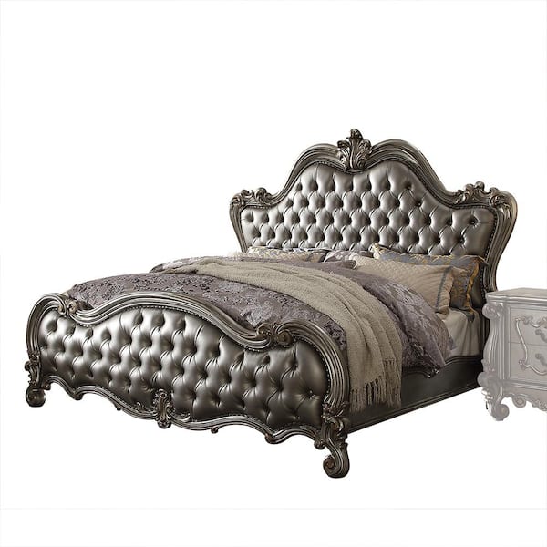 Acme Furniture Versailles II Silver PU and Antique Platinum Queen Size Panel Bed
