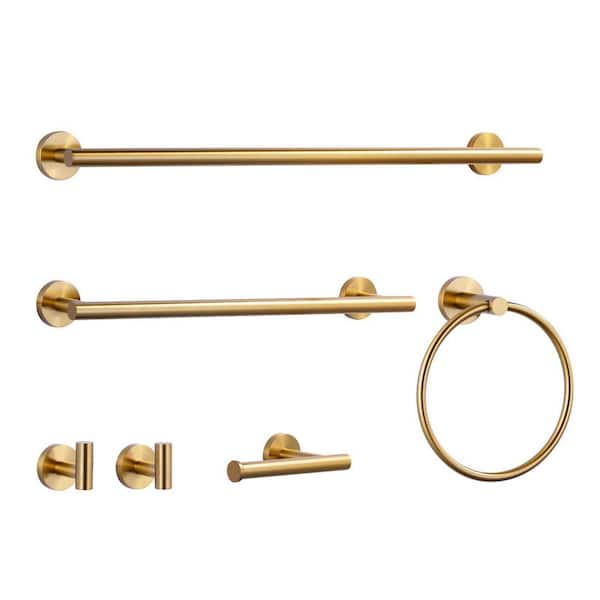 Wall Mounted 6-Piece Bath Hardware Set with Towel Ring, Toilet Paper Holder, Towel hook and Towel Bar in Brushed Gold