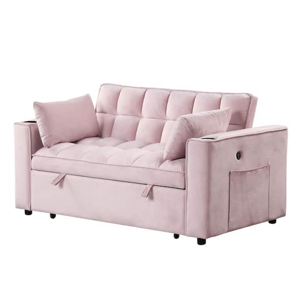 Polibi 55.3 in. Square Arm Velvet Rectangle Sofa with Cup Holder and USB Port in Pink