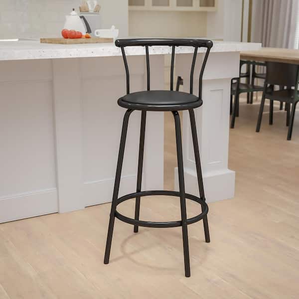Crown Back Black Metal 30 in. Bar Stool with Black Vinyl Swivel Seat