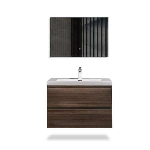 Maincraft Wall-Mounted 30 in. W x 19 in. D x 20 in. H. Bath Vanity in Grey Oak with White Solid Surface Top with White Basin
