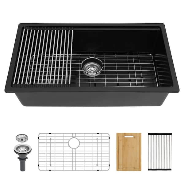 33 in. Undermount Single Bowl Black Quartz Composite Kitchen Workstation Sink with Drying Rack, Basket Strainer, Grid