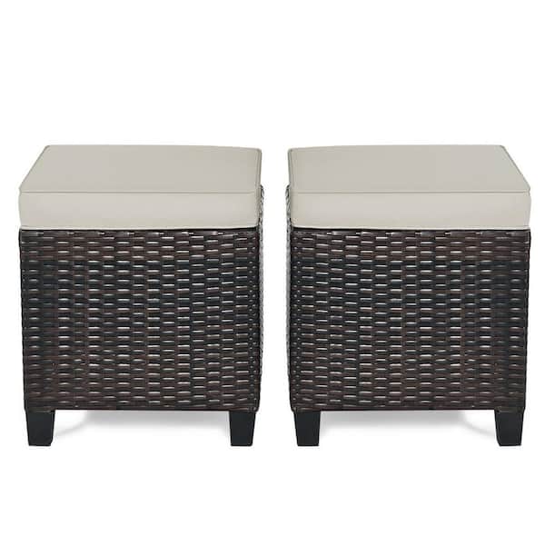 WELLFOR Brown Wicker Outdoor Ottoman with Khaki Cushion (2-Pack)