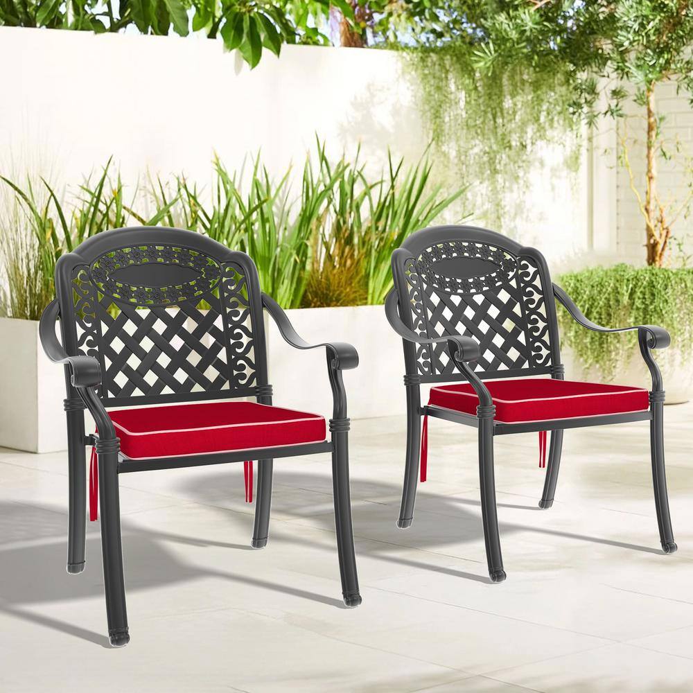 Matte Black Cast Aluminum Outdoor Dining Armchairs with Multicolor Cushions