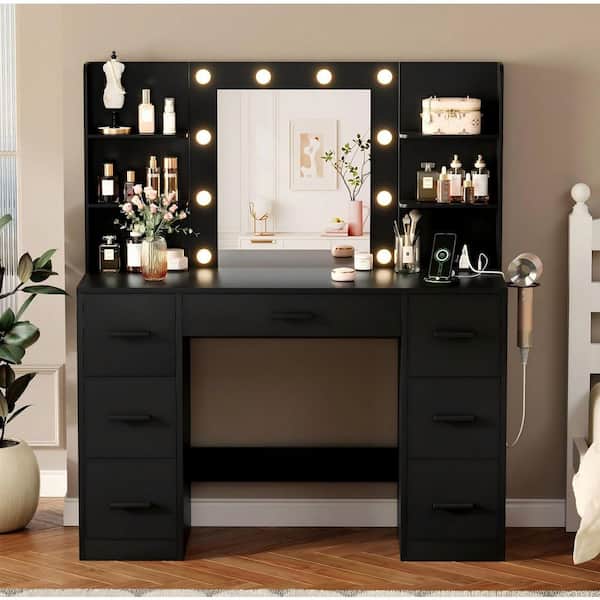 black tommy hilfiger dress Small Make up Vanity Desk with Mirror and Lights, White main image 1