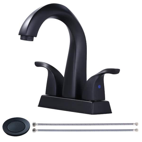 WOWOW 4 in. Center set Double-Handle Bathroom Faucet, High-Arc Bathroom Sink Faucet with Pop Up Drain in Matte Black