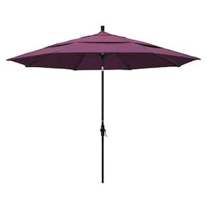 11 ft. Stone Black Aluminum Market Crank Lift Patio Umbrella in Iris Sunbrella