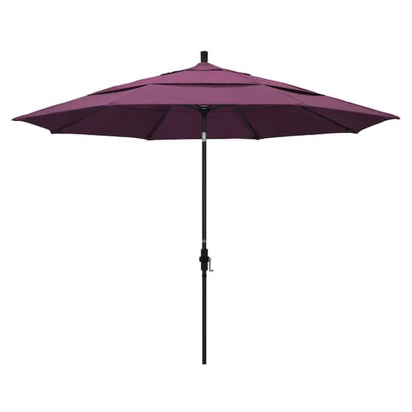 11 ft. Stone Black Aluminum Market Crank Lift Patio Umbrella in Iris Sunbrella
