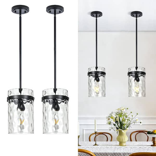 RayHome 2-Pack Black Pendant Light Modern Hammered Glass Shade Adjustable Height for Kitchen and Dining