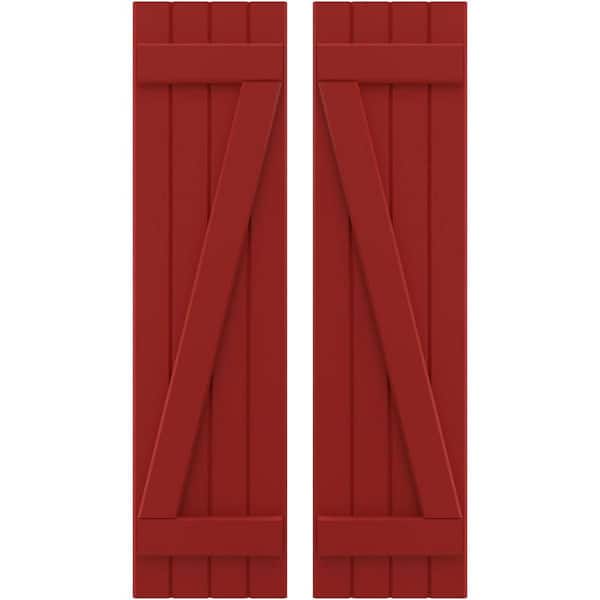 Ekena Millwork 14 in. W x 57 in. H Americraft 4 Board Exterior Real Wood Joined Board and Batten Shutters with Z-Bar Fire Red