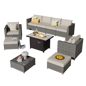 Ontario Lake Gray 10-Piece Wicker Outdoor Patio Rectangular Fire Pit Sectional Sofa Set with Beige Cushions