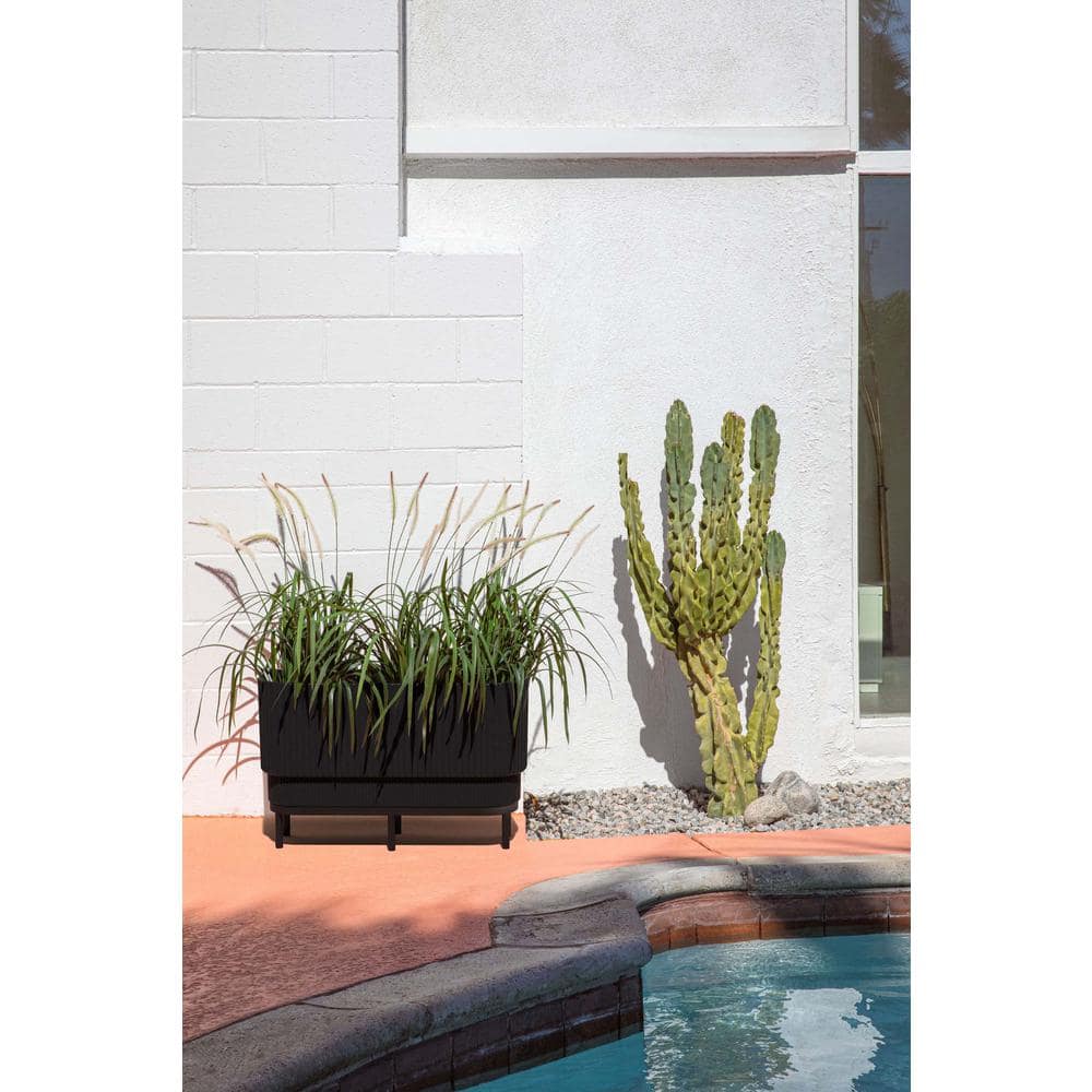 30" Black Plastic-Stone Raised Planter with Acacia Wood Stand