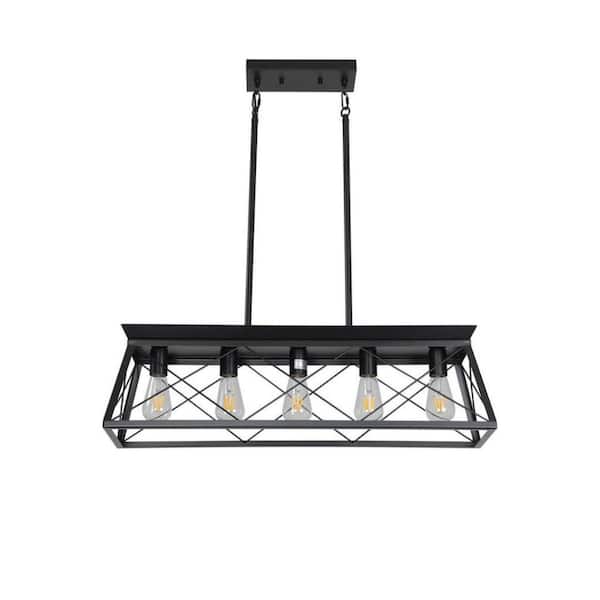 Tidoin Farmhouse 5-Light Black Island Rectangular Chandelier for Kitchen, Living Room, Dining Room with No Bulbs Included