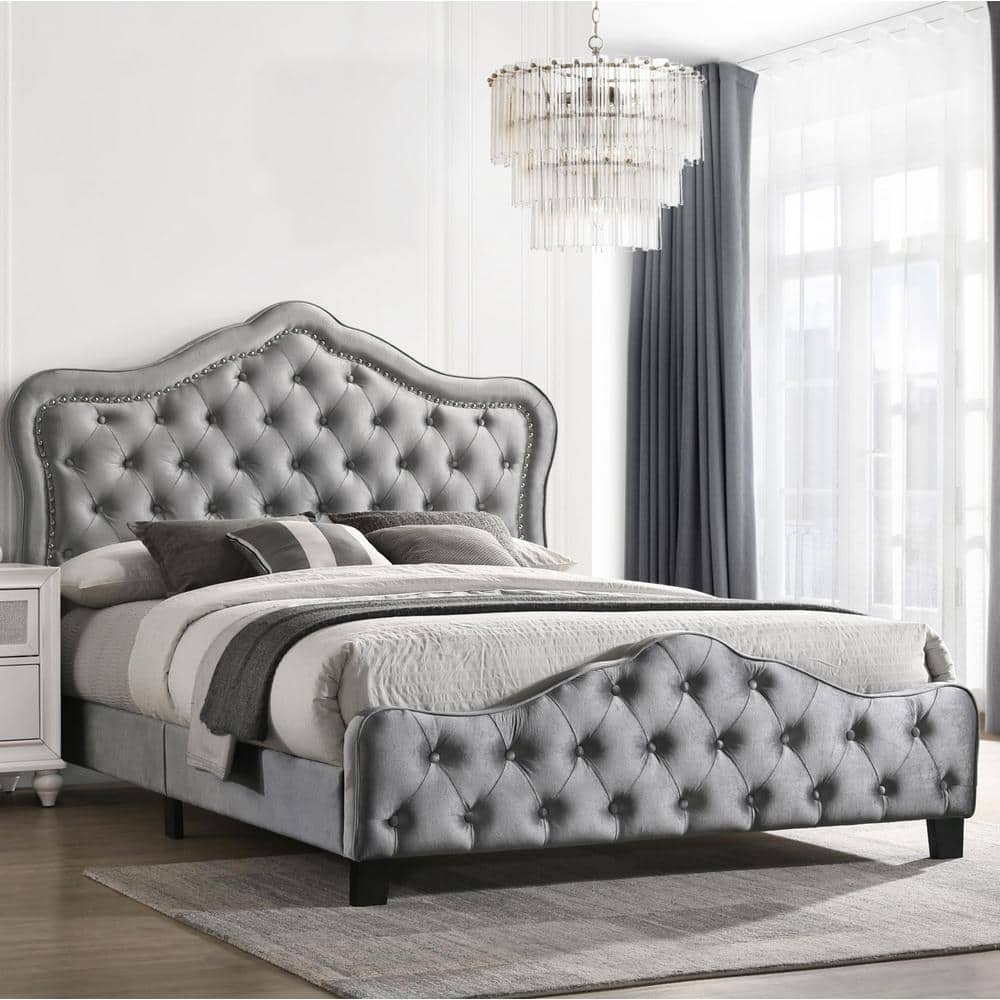 Gray Queen Upholstered Bed with Tufted Headboard and Nailhead Trim
