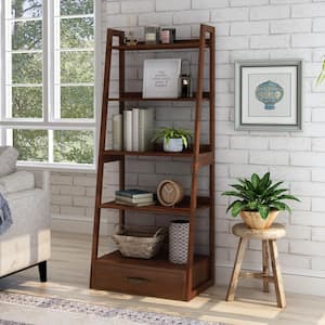 64 in. Brown Cherry Wood 5-shelf Ladder Bookcase with Drawers