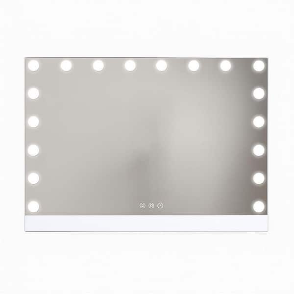 31.5 in. W x 22.8 in. H Rectangular Lighted Tabletop Bathroom Makeup Mirror Remote Control, Phone Holder in White Silver