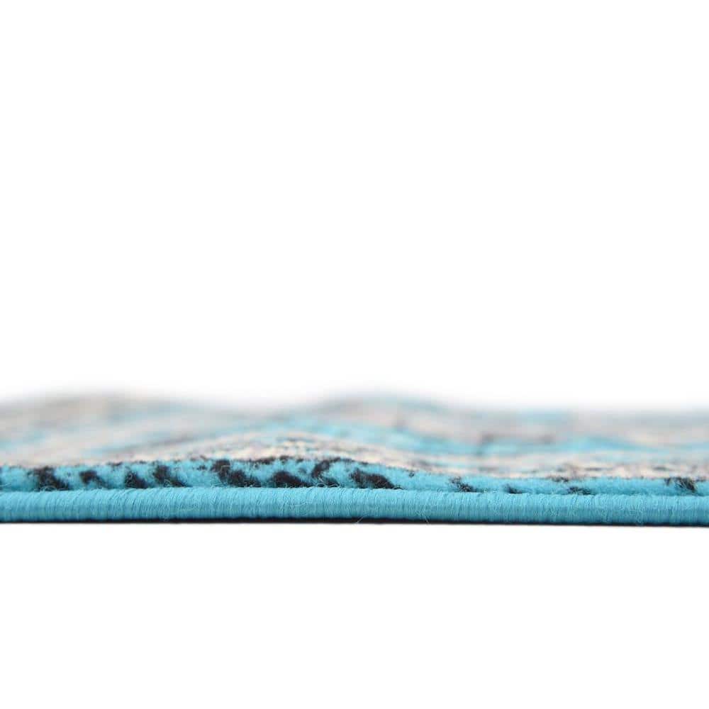 Turquoise and Black Synthetic Runner Rug with Tribal Design