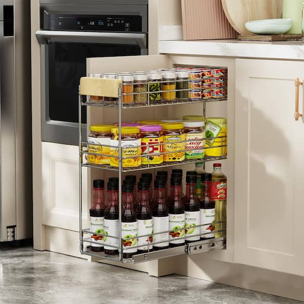 HOMEIBRO 8½ in. W x 21 in. D Pull Out Organizer Rack with Wooden Handle for Narrow Cabinet