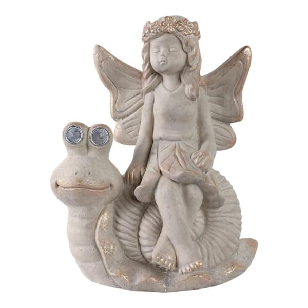 14 in. Ivory Resin Fairy Sculpture with Glass Orb on Tree Stump Garden Statue