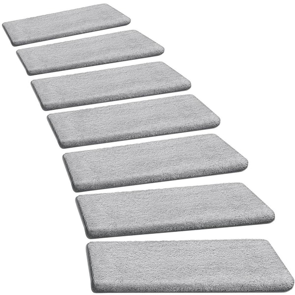 PURE ERA Light Gray 9.5 in. x 30 in. x 1.2 in. Bullnose Plush Carpet Stair Tread Cover Tape Free Non-slip Set of 7