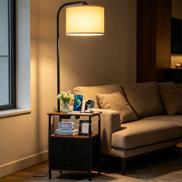 63 in. Brown Wood Modern 1-Light Dimmable Arc Floor Lamp for Living Room with Fabric Drum Shade
