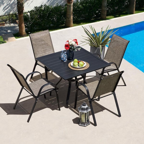 Metal Patio Table and Chairs Set for 4 with Square Patio Table and Stackable Patio Chairs for Lawn, Brown and Black