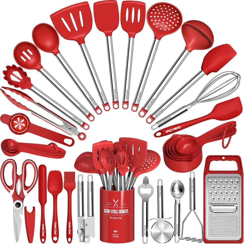 Wudkey Red 34-Piece Silicone Cooking Utensils Set with Stainless Steel ...