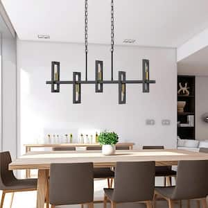 5-Light Black Linear Island Pendant Hanging Light Modern Farmhouse Chandelier Light for Kitchen Dining Room Restaurant