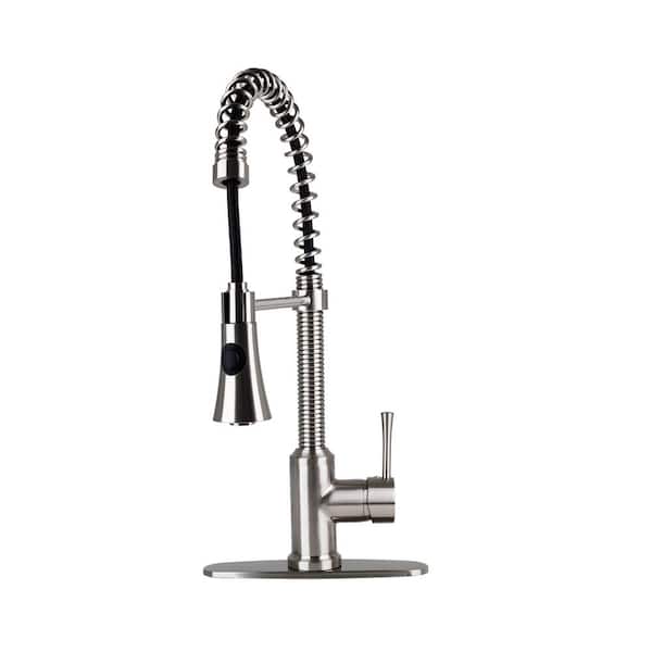 Fontaine by Italia Residential Spring Coil Pull Down Kitchen Faucet with Cone Spray Head with Deck Plate in Brushed Nickel