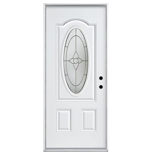 Masonite 36 in. x 80 in. Specialty Three Quarter Oval Lite Right-Hand Inswing Primed Steel Prehung Front Door with Brickmold