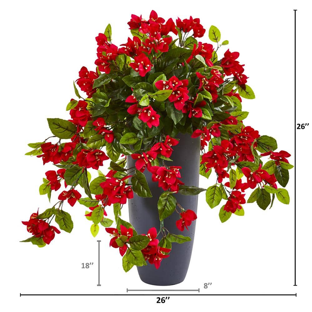 26-inch Red Bougainvillea Artificial Plant in Gray Clay Planter