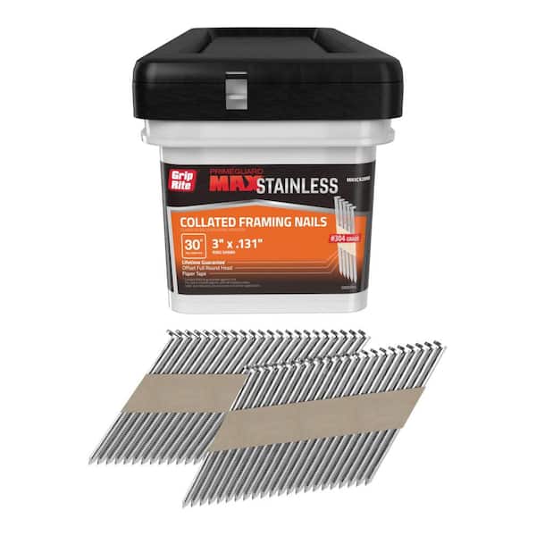 Grip-Rite 3 in. x 0.131 in. 30° Paper Collated 304 Stainless Steel Ring Shank Offset Round checkered Head Nails 1000 per Box