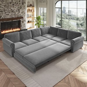 Oversize Convertible 118 in. Chenille Sectional Sofa in. Light Gray with Nail head Trim, Pull-out Sofa Sleeper
