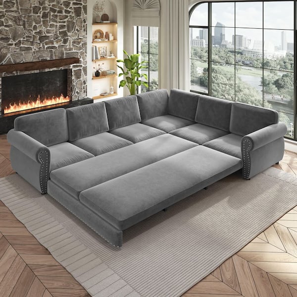 Oversize Convertible 118 in. Chenille Sectional Sofa in. Light Gray with Nail head Trim, Pull-out Sofa Sleeper