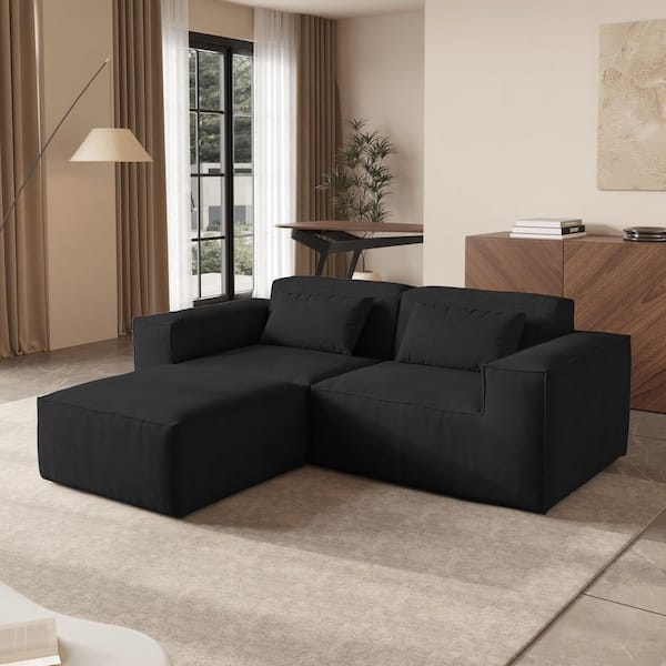 87 in. Square Arm Cloud Fleece Fabric Overside 2-Seater Modular Sectional Sofa with Ottoman in Black for Apartment
